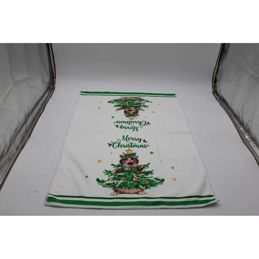 Unbranded Christmas Kitchen Towels White Green Cat Kitten Tree Holiday Set 2
